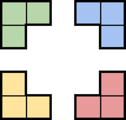 Прямоугольник состоит из 3 прямоугольников. Разрежьте угол 8 на 8 на уголки из 3 клеток. Разрежьте фигуру (рис.1) на «уголки» (рис.2):. Головоломка с квадратом в середине три клетки закрашены. Разрежьте уголок из трёх клеток на 4 разные части.